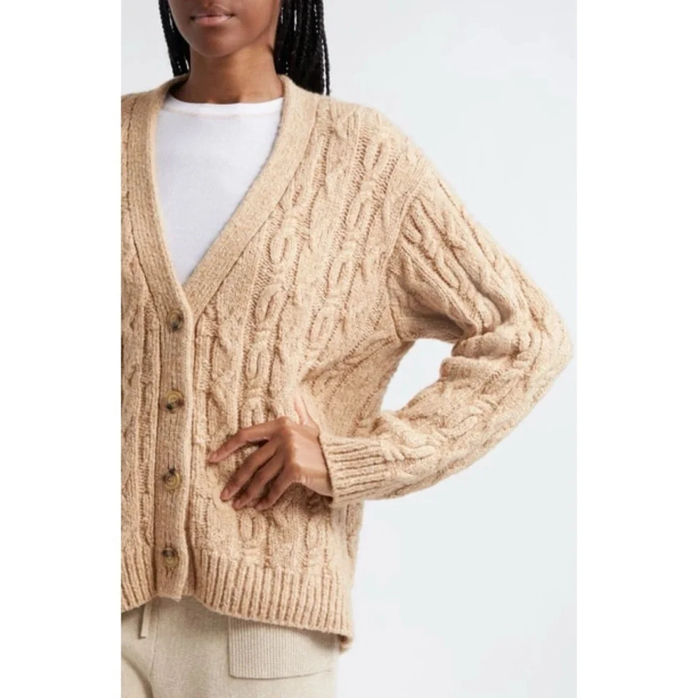 ATM Chunky Cable Knit Melillo Wool & Cotton Blend V-Neck Cardigan Sweater Size M